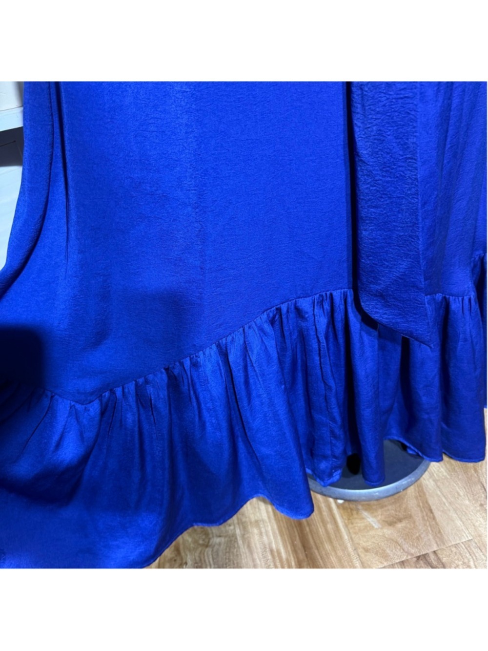 Minuet royal blue cocktail maxi dress fit flare ruched waist low sexy back sz L - Picture 13 of 14